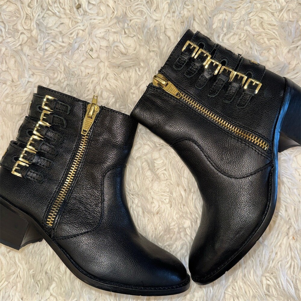 Dolce Vita Meeka Ankle Booties Womens 7.5 Black Side Zip Gold Buckle
